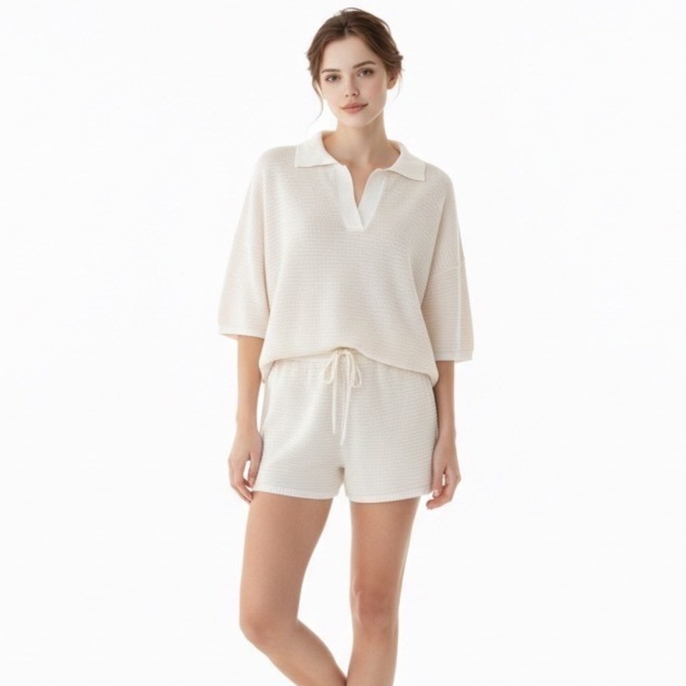 Lightweight‎ Knit 2 Piece Polo Top and Shorts Set Cream White Loungewear/ Resort